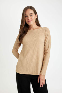 Женская футболка стандартного кроя с вырезом лодочка и запахом, длинными рукавами - Defacto фото 4