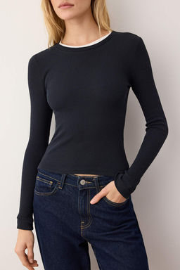 Lacivert Cift Katl? Bisiklet Yaka Fitilli Esnek Orme Bluz TWOAW26BZ00067