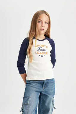 Укороченная футболка с длинными рукавами и круглым вырезом для девочек в рубчик с принтом - Defacto фото 3