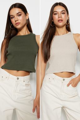 Haki-Bej 2li Paket Fitted/Vucuda Oturan Crop Halter Yaka Fitilli Esnek Orme Atlet TWOSS21AL0058