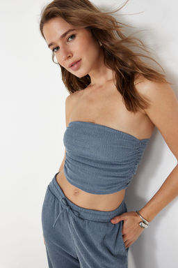 Premium Indigo Straplez Buzgulu Esnek Orme Bluz TWOSS24BZ00216