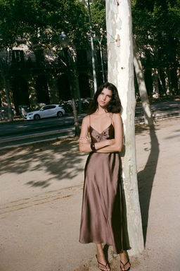 GATHERED SATIN MIDI DRESS