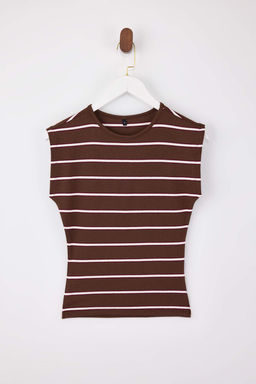 Wardrobe Essentials-Kahverengi Cizgili Fitted/Vucuda Oturan Yumusak Orme Bluz TWOSS26BZ00108