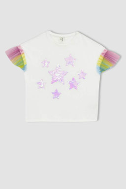 Белая футболка с короткими рукавами из тюля с принтом для девочек - Defacto фото 7