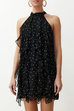 TRENDYOLMILLA Siyah Puantiyeli Volanl? Sifon Astarl? Mini Dokuma Elbise TWOSS24EL00540  фото 5