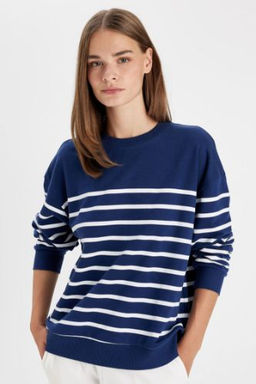 Relax Fit Bisiklet Yaka Cizgili Ince Sweatshirt