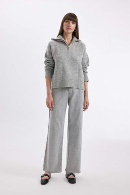 Трикотажный свитер оверсайз с воротником поло и полумолнией - Defacto фото 2