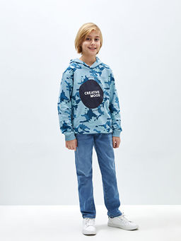 Bask?l? Uzun Kollu Erkek ?ocuk Hoodie - Waikiki фото 2