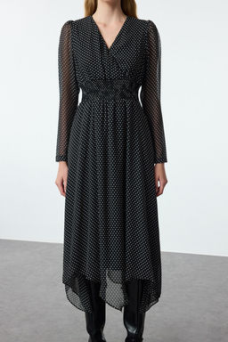 Trendyolmilla Siyah Puantiyeli A Kesim Kruvaze Yaka Mendil Etek Detayl? Astarl? Sifon Dokuma Elbise TWOAW25EL00343  фото 3