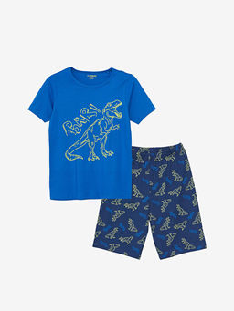 Bisiklet Yaka Bask?l? K?sa Kollu Erkek ?ocuk ?ortlu Pijama Tak?m?