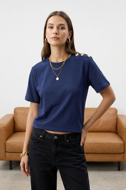 Lacivert %100 Pamuk Gold Dugme Detayl? Regular/Normal Kesim Orme T-Shirt TWOSS25TS00039