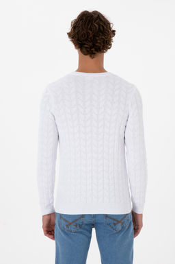 Erkek Slim Fit Bisiklet Yaka Desenli Beyaz Kazak