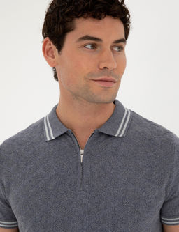 _ndigo Slim Fit Fermuarl_ Polo Yaka Keten Kar___ml_ Triko Ti__rt