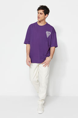 Mor Oversize Bisiklet Yaka K?sa Kollu Sehir Bask?l? %100 Pamuklu T-Shirt TMNSS20TS1102