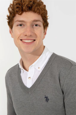 U. S. Polo Assn Мужской серый меланжевый базовый трикотажный свитер с v-образным вырезом - U.s. polo assn фото 8