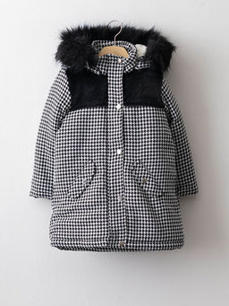 Kap??onlu Kazaya?? Desenli Kal?n K?z ?ocuk Ka?e Kaban