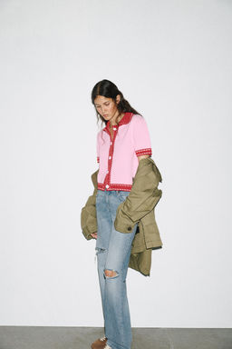 STITCHED KNIT CARDIGAN WITH SHORT SLEEVES