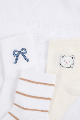 Ekru-Cok Renkli 3lu Cizgili Jakar Orme Corap THMSS26CO00017