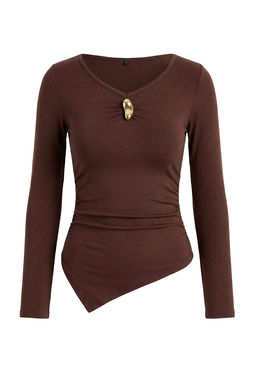 Kahverengi Fitted/Vucuda Oturan V Yaka Uzun Kollu Esnek Orme Bluz TWOSS26BZ00244