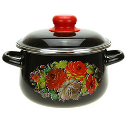 "Жостово" Кастрюля эмалированная 2л, д17см, h12,5см, коническая форма, металлическая крышка, черный (Россия)