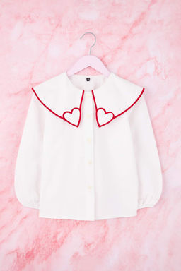 Ekru Bebe Yaka Kalp Desenli Dokuma K?z Cocuk Gomlek TKDSS26GO00003 - Trendyolmilla фото 3