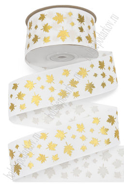 Лента репсовая 4 см*20 ярд "Листики" (SF-7531) белый