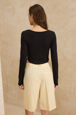 Siyah Fitted/Vucuda Oturan V Yaka C?tc?tl? Crop Premium Yumusak Orme Bluz TWOSS26BZ00056