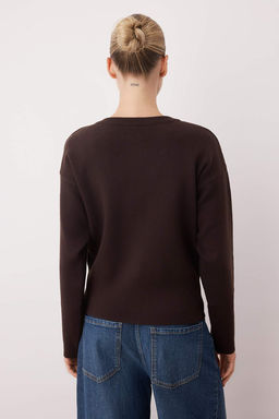 Kahverengi 2li Premium Iplik/Ozel Iplik Bisiklet Yaka Basic Triko H?rka-Bluz Tak?m TWOAW26HI00124