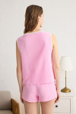 Trendyolmilla Pembe %100 Pamuklu Dantelli ve Baglama/Fiyonklu Muslin Sortlu Dokuma Pijama Tak?m? THMSS25PT00025 фото 5