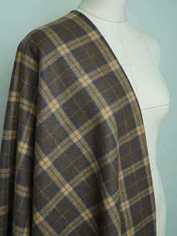 Шерсть пальтово-костюмная Твид Клетка бежево-синяя на коричневом, ш.1.5м, шерсть-50%, п/э-50% - Купава фото 2