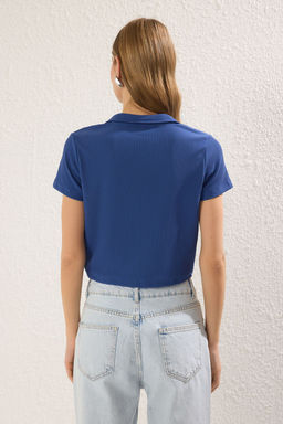 Indigo Polo Yaka Relaxed/Rahat Kal?p Crop Orme T-Shirt TWOSS25TS00117