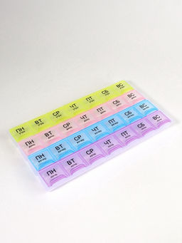 Цена за 3 шт. Таблетница - органайзер «Неделька», русские буквы, утро/день/вечер/ночь, 28 секций, 21.5×11×1.8 см, разноцветная