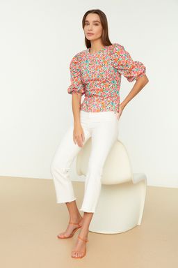 Ekru Balon Kol Cicek Desenli Crop Dokuma Bluz TWOSS22BZ0193 - Trendyolmilla фото 3
