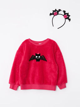 Bisiklet Yaka Nak??l? Uzun Kollu Pel?? K?z ?ocuk Sweatshirt ve Ta?