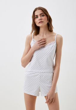 Белый пижамный комплект в мелкий черный горошек