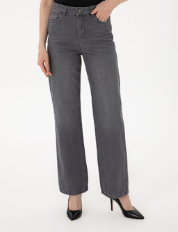 Antrasit High Waist Flare Fit Jean Pantolon