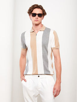 Polo Yaka K?sa Kollu Renk Bloklu Erkek Triko Kazak