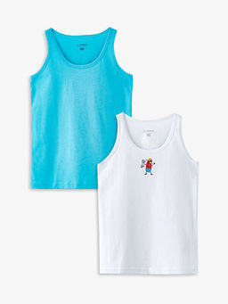 Bisiklet Yaka Bask?l? Pamuklu Erkek ?ocuk Atlet 2li