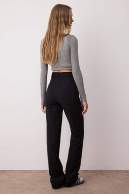 Siyah Kal?n Esnek Kumas Straight/Duz Kesim Yuksek Bel Nervur Dikisli Pantolon TWOAW26PL00027 - Trendyolmilla фото 4