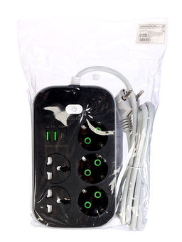 Удлинитель сетевой, 5 розеток (3 евро + 2 универсальные), 2 м, 1300 Вт, 3×0.75 мм2, 2 USB-A, USB-C, 2.1 А, c заземлением, с выключателем