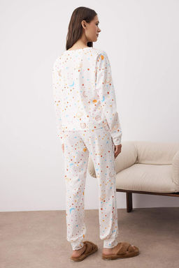 Ekru %100 Pamuklu Galaksi Desenli Orme Pijama Tak?m? THMAW21PT0794