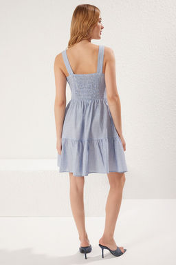 Mavi Ekose / Kareli Etegi Belden Ac?lan Mini Dokuma Elbise TWOSS25EL00048