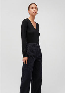 Uzun Kollu Siyah Basic Tisort - Mavi фото 2