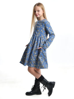 Платье для девочки вельветовое из набивного полотна UD 7844 синие мелкие цветы - Mini maxi фото 3