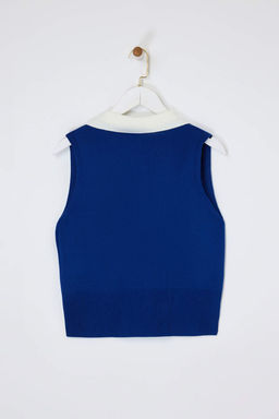 Koyu Saks Polo Yaka T-Shirt Gorunumlu Bluz TWOSS24BZ00273