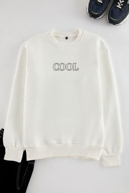 Beyaz Regular/Normal Kesim Kabar?k Yaz? Bask?l? Ici Polarl? Sweatshirt TMNAW25SW00190 - Trendyolmilla фото 7