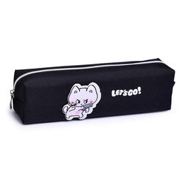 Пенал "Let's go" 21x6x4,5 см, плотный износостойкий полиэстер с водоотталкивающей пропиткой, отделение на молнии, прямоугольный для 30 предметов, с аппликацией из искусственной кожи, черный