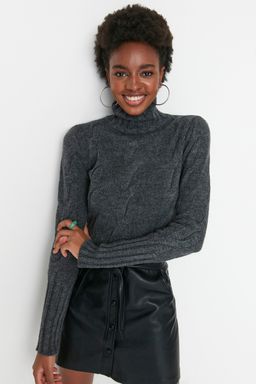 Antrasit Yumusak Dokulu Crop Sac Orgulu Triko Kazak TWOAW20KZ1175 - Trendyolmilla фото 3