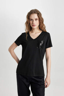 Футболка стандартного кроя с V-образным вырезом и короткими рукавами - Defacto фото 4