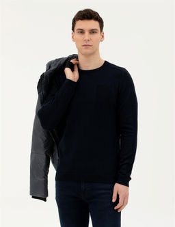 Koyu Lacivert Slim Fit Bisiklet Yaka Triko Kazak